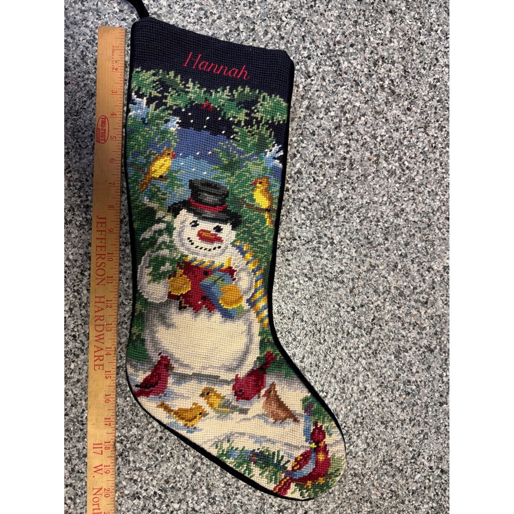 Lands End Needlepoint Christmas Stocking Snowman Birds Wool Velvet Hannah